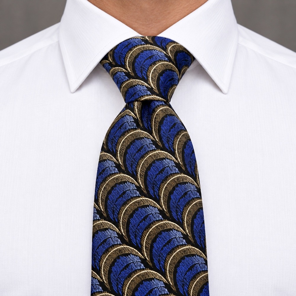Vintage 90s 100% Silk Tie Blue Gold Art Deco Wide 4" Korea Geometric Fan Wave